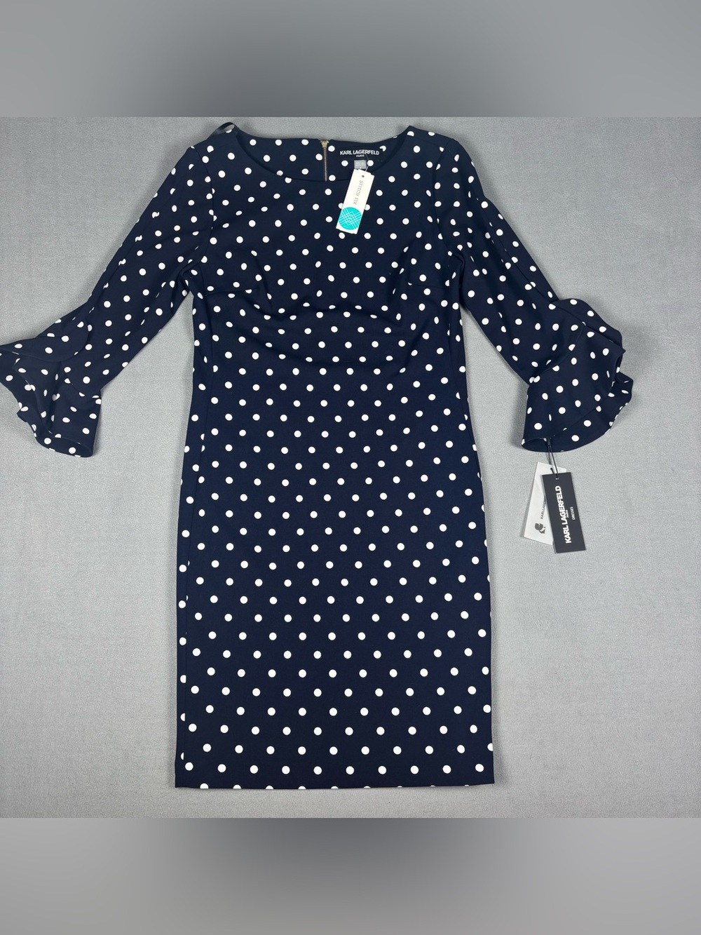 Karl Lagerfeld Paris Polka Dot Sheath Dress Size 6 Bell Sleeve Zip Back Navy